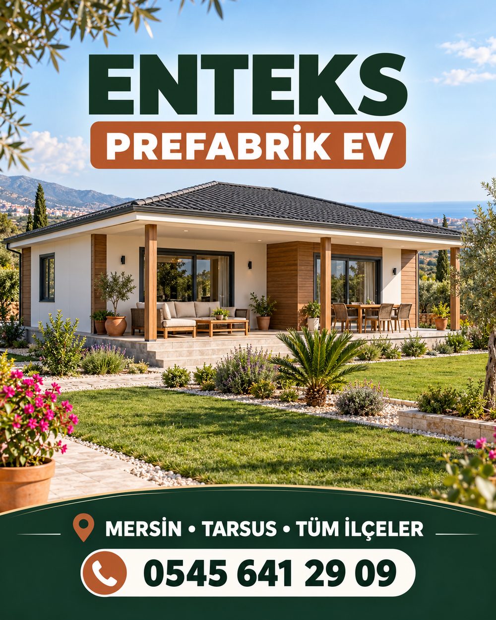 Enteks Prefabrik tek katlı prefabrik ev, geniş verandalı bahçe evi